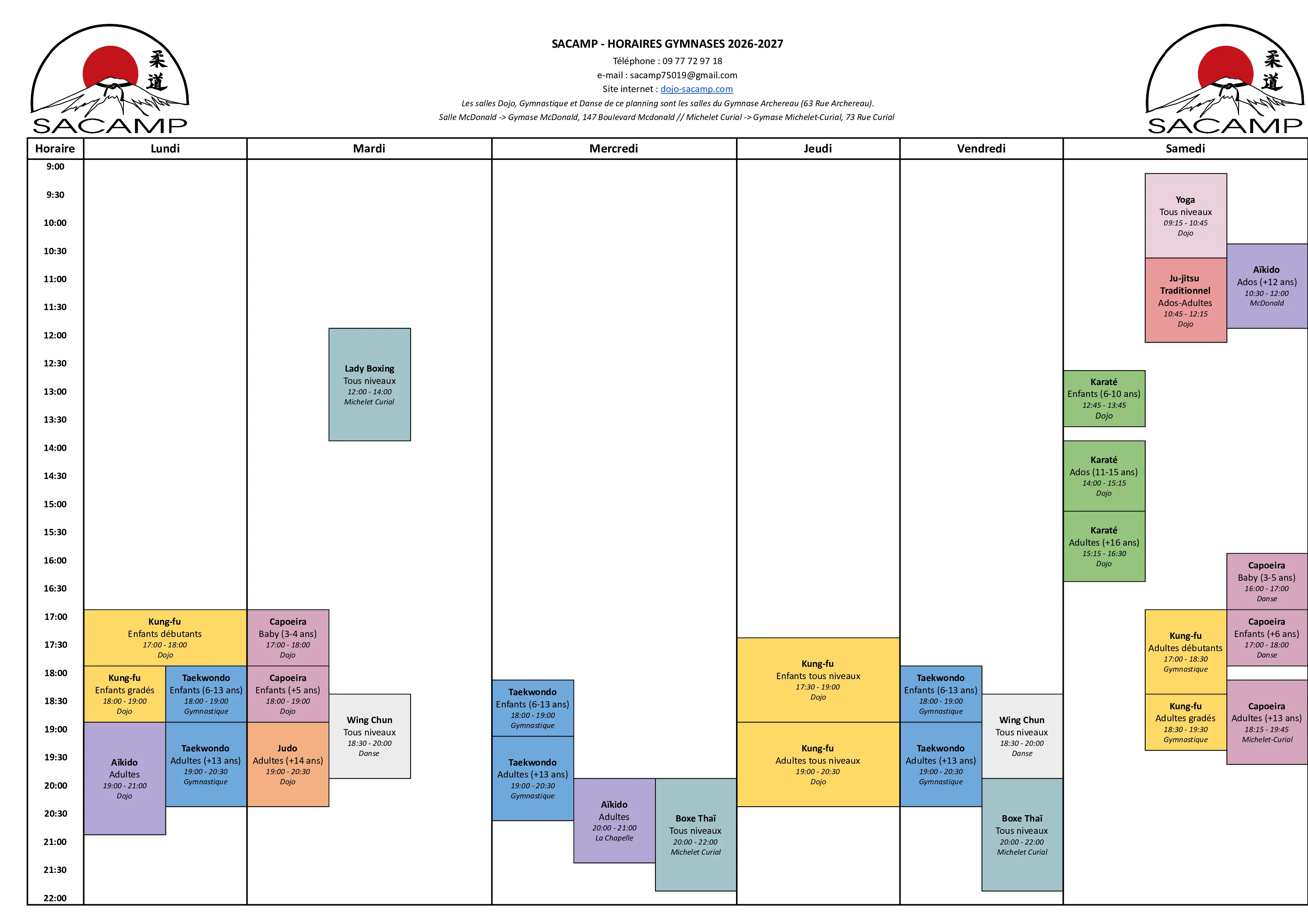 Planning du dojo Archereau